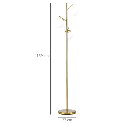Gold tone three-light tree floor lamp with glass globe shades — height and base dimensions