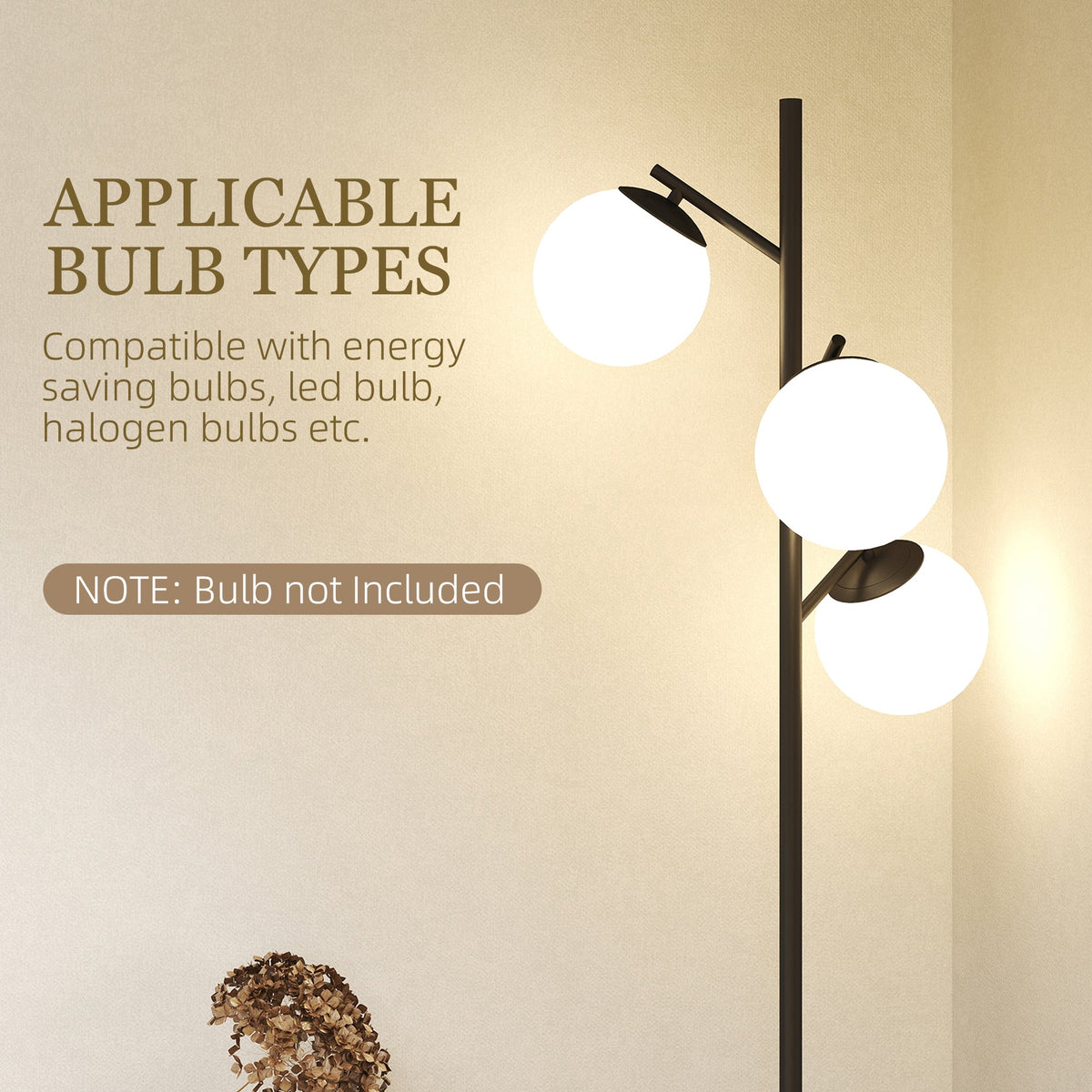 Black three-light tree floor lamp with glass globe shades