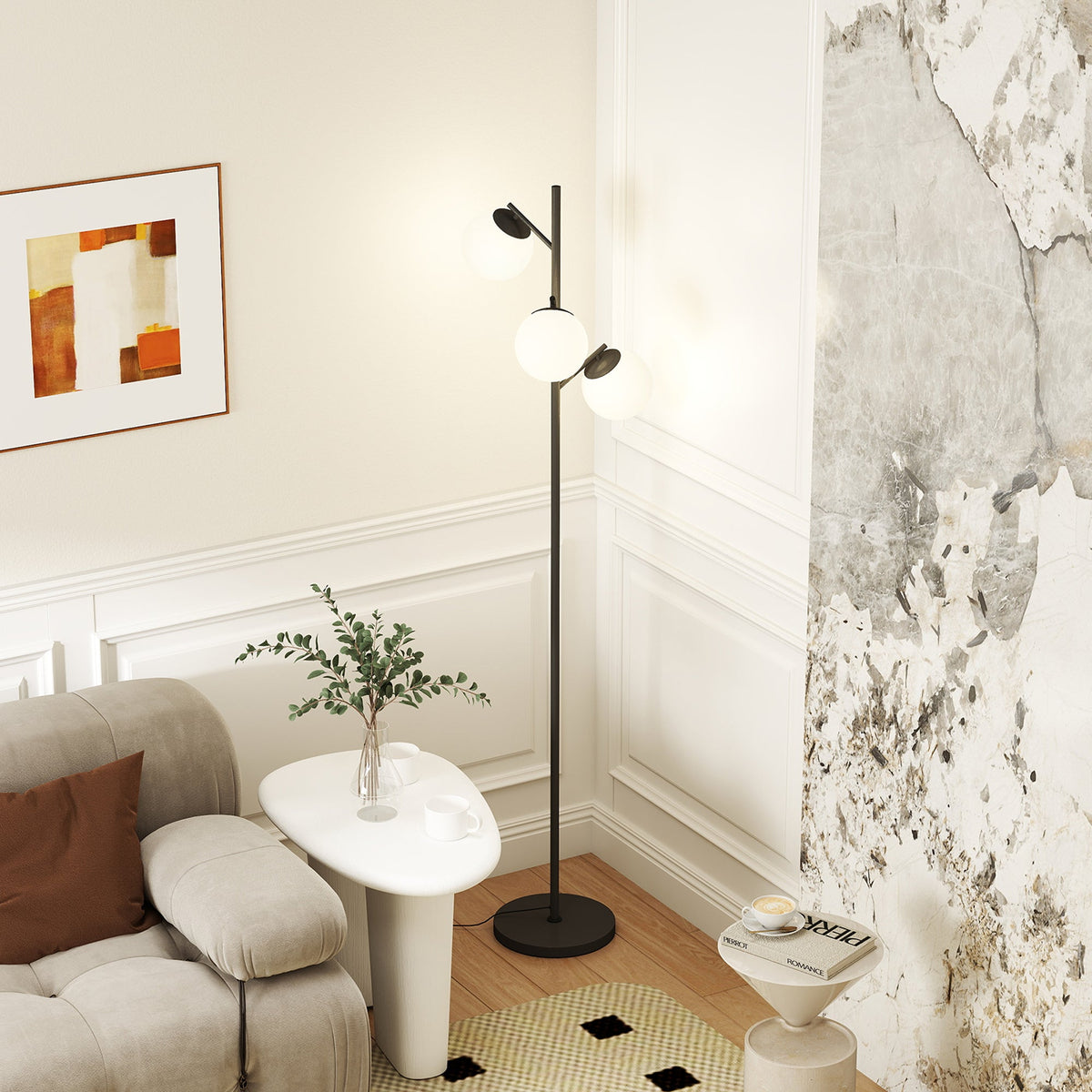 Black three-light tree floor lamp with glass globe shades