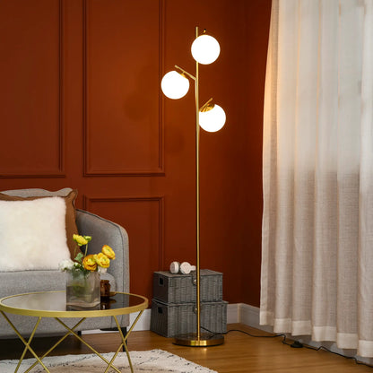 Gold tone three-light tree floor lamp with glass globe shades