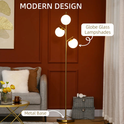 Gold tone three-light tree floor lamp with glass globe shades