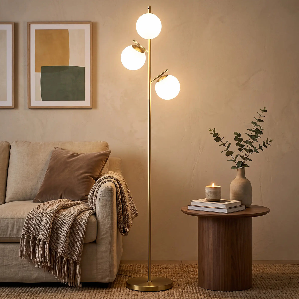 Gold tone three-light tree floor lamp with glass globe shades
