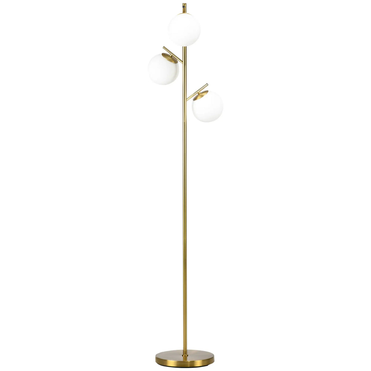 Gold tone three-light tree floor lamp with glass globe shades