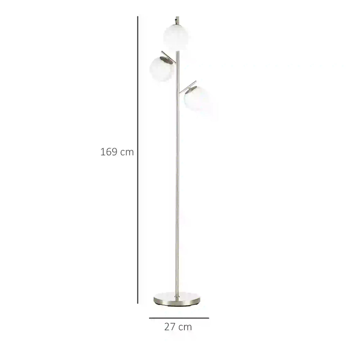 Silver tone three-light tree floor lamp with glass globe shades — height and base dimensions