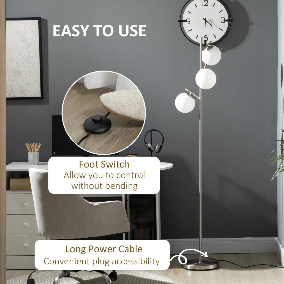 Silver tone three-light tree floor lamp with glass globe shades — foot switch detail