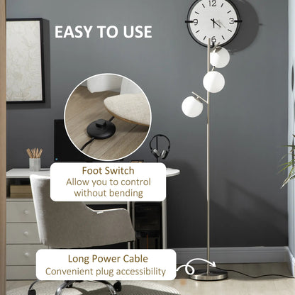 Silver tone three-light tree floor lamp with glass globe shades — foot switch detail