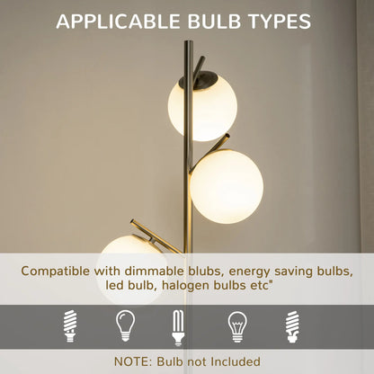 Silver tone three-light tree floor lamp with glass globe shades