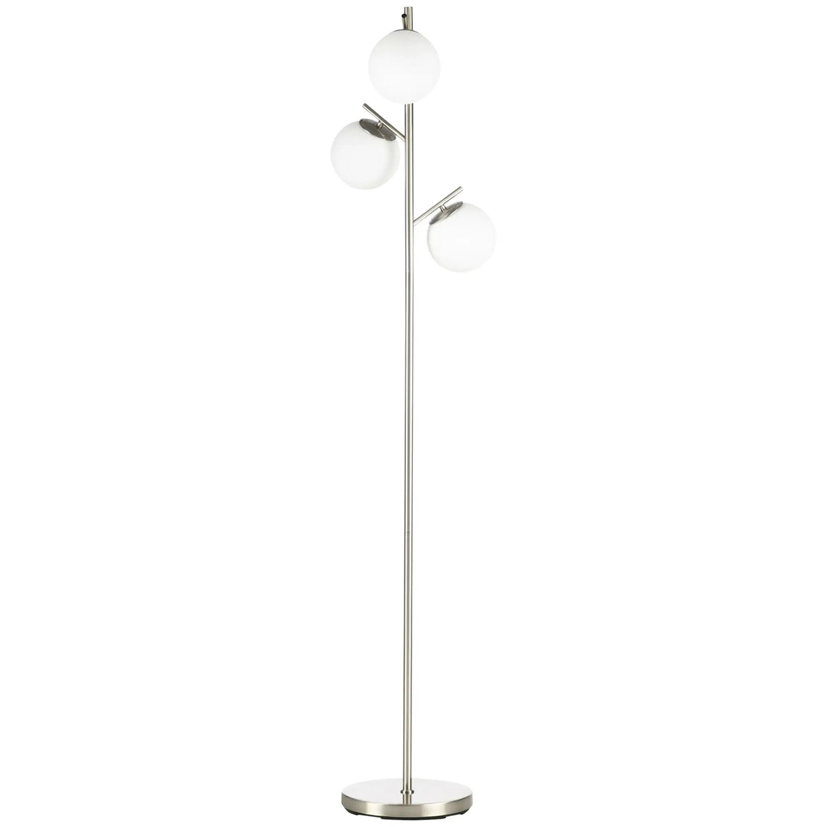Silver tone three-light tree floor lamp with glass globe shades