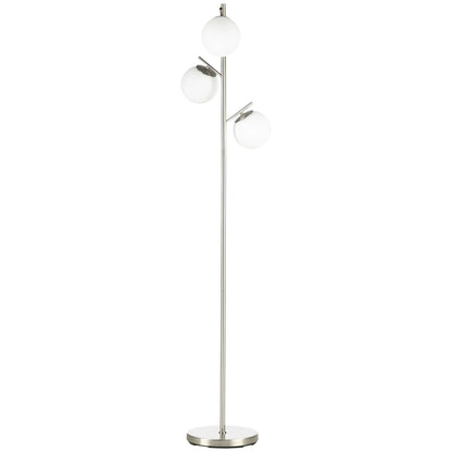 Silver tone three-light tree floor lamp with glass globe shades
