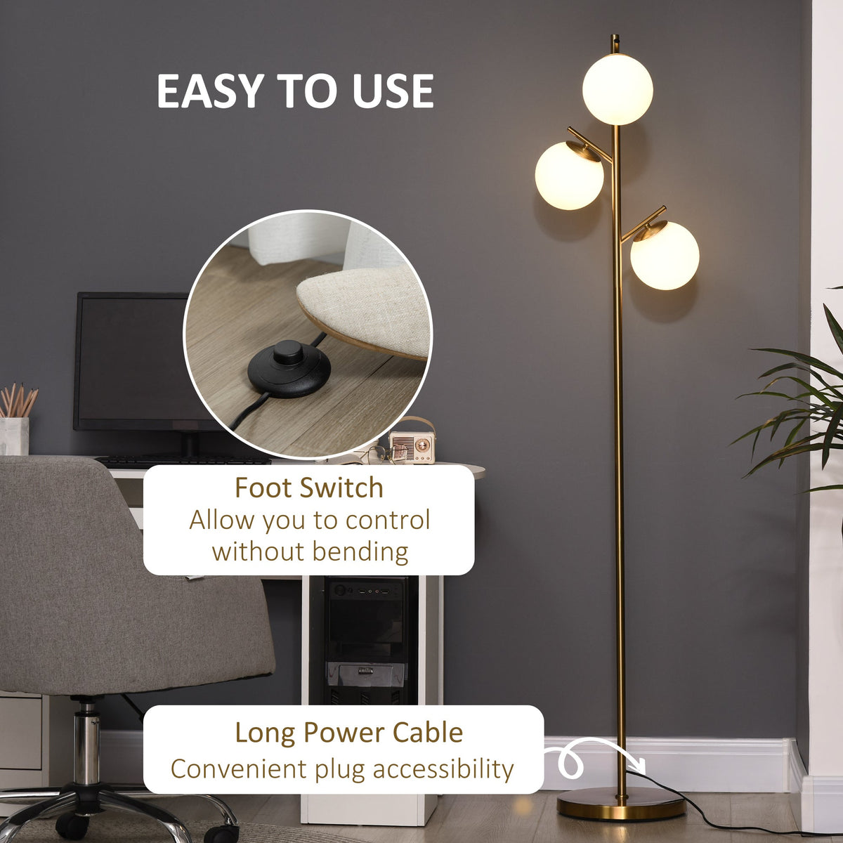 Gold tone three-light tree floor lamp with glass globe shades — foot switch detail