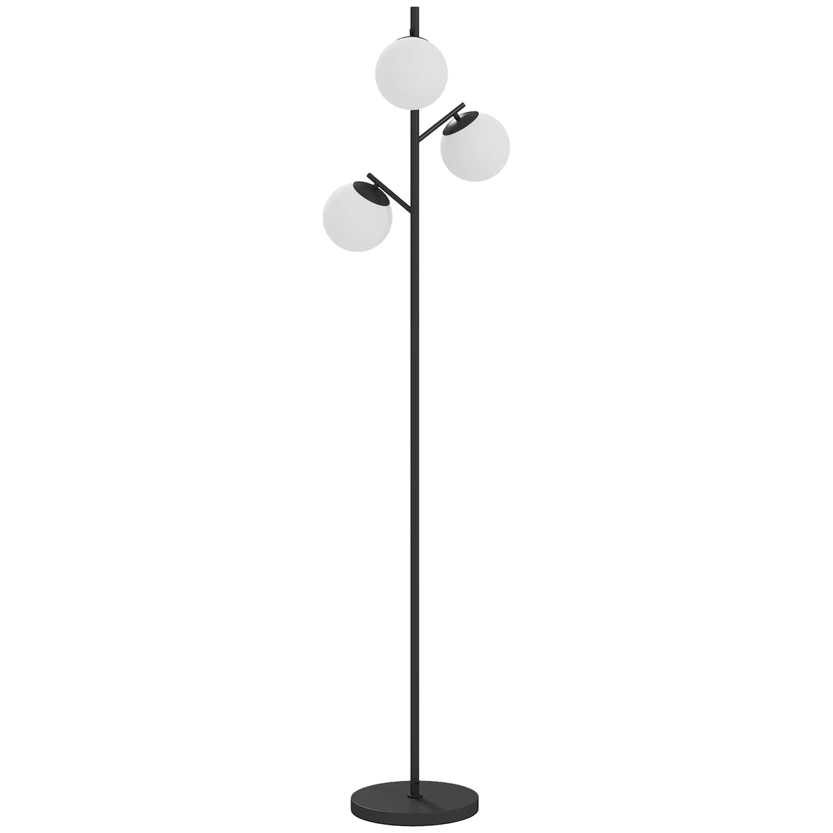 Black three-light tree floor lamp with glass globe shades