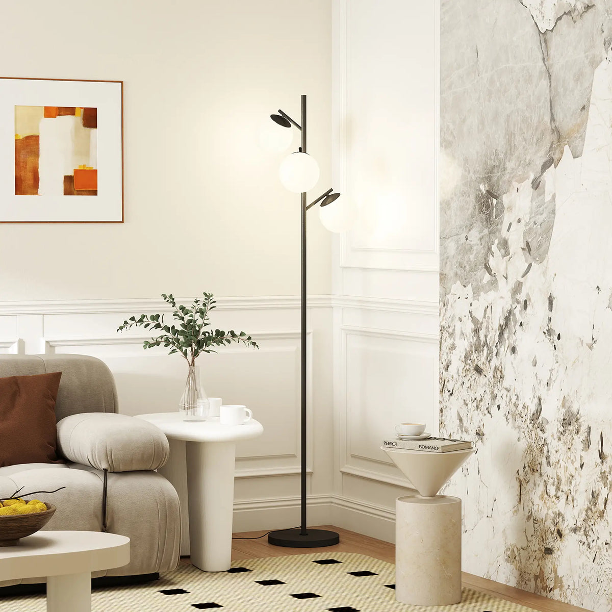 Black three-light tree floor lamp with glass globe shades