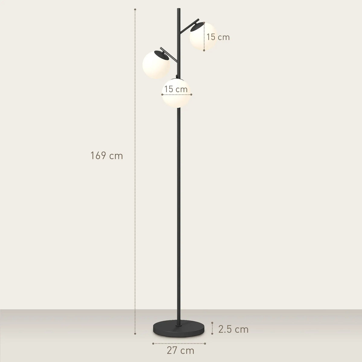 Black three-light tree floor lamp with glass globe shades — height and base dimensions