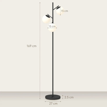 Black three-light tree floor lamp with glass globe shades — height and base dimensions