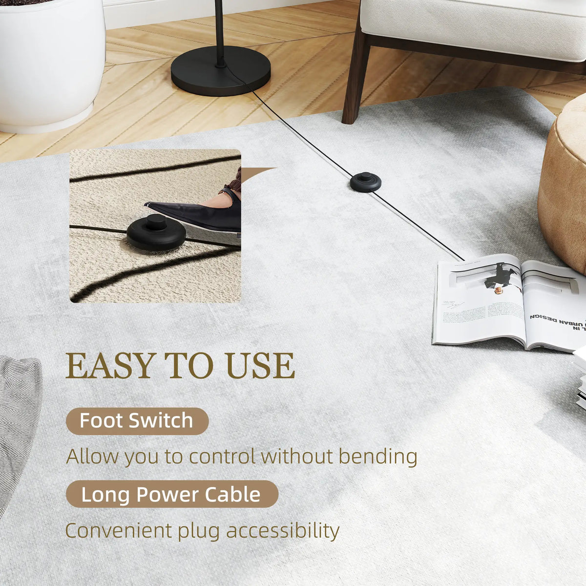 Black three-light tree floor lamp with glass globe shades — foot switch detail