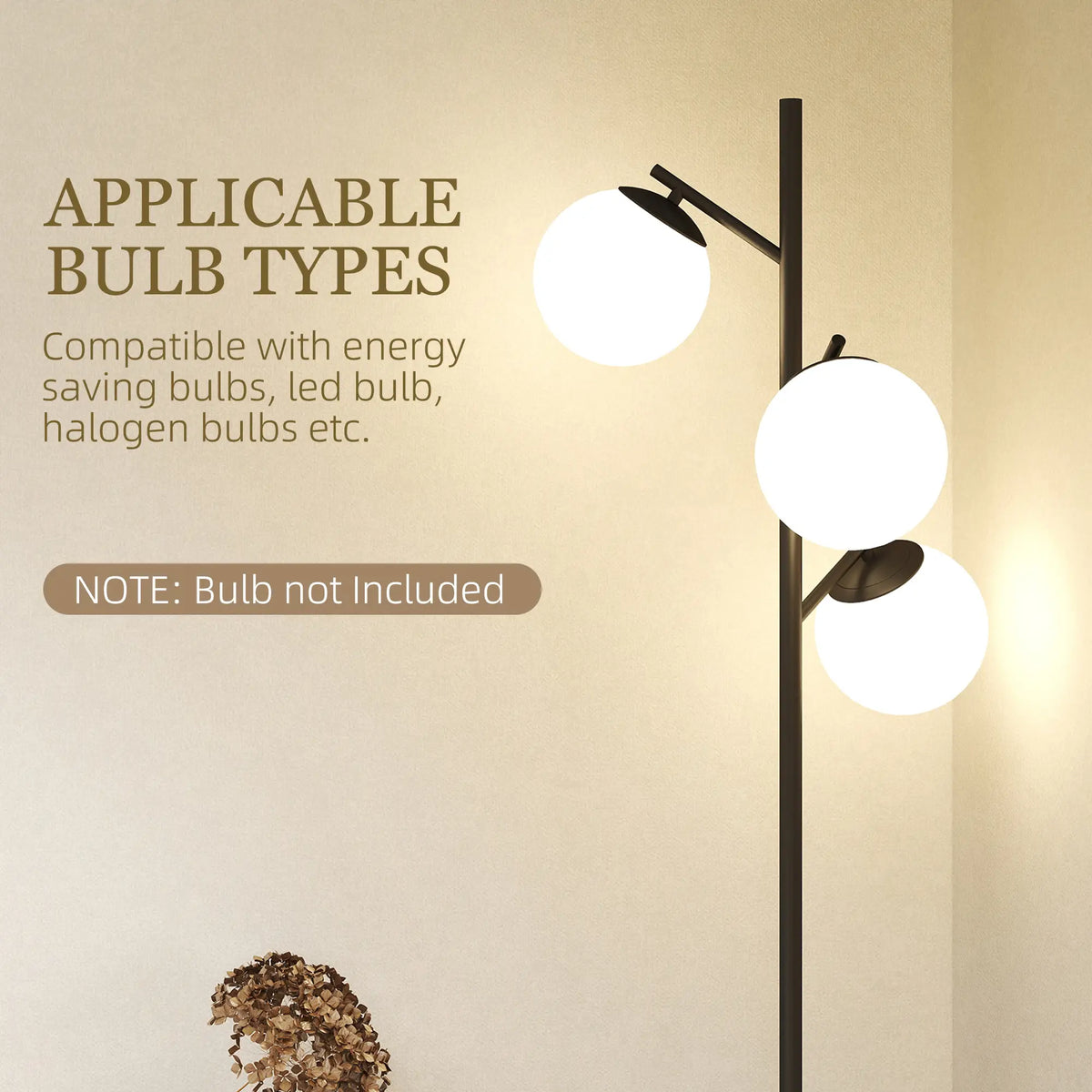 Black three-light tree floor lamp with glass globe shades
