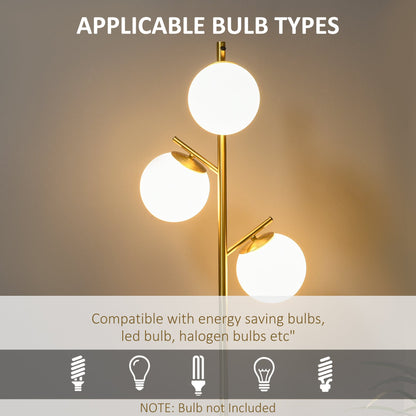 Gold tone three-light tree floor lamp with glass globe shades