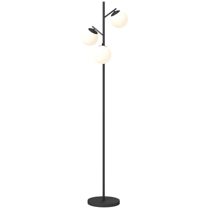 Black three-light tree floor lamp with glass globe shades