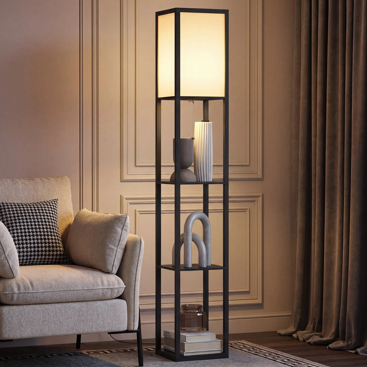 Illuminated shelf floor lamp beside a sofa