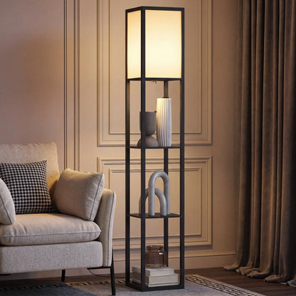 Illuminated shelf floor lamp beside a sofa