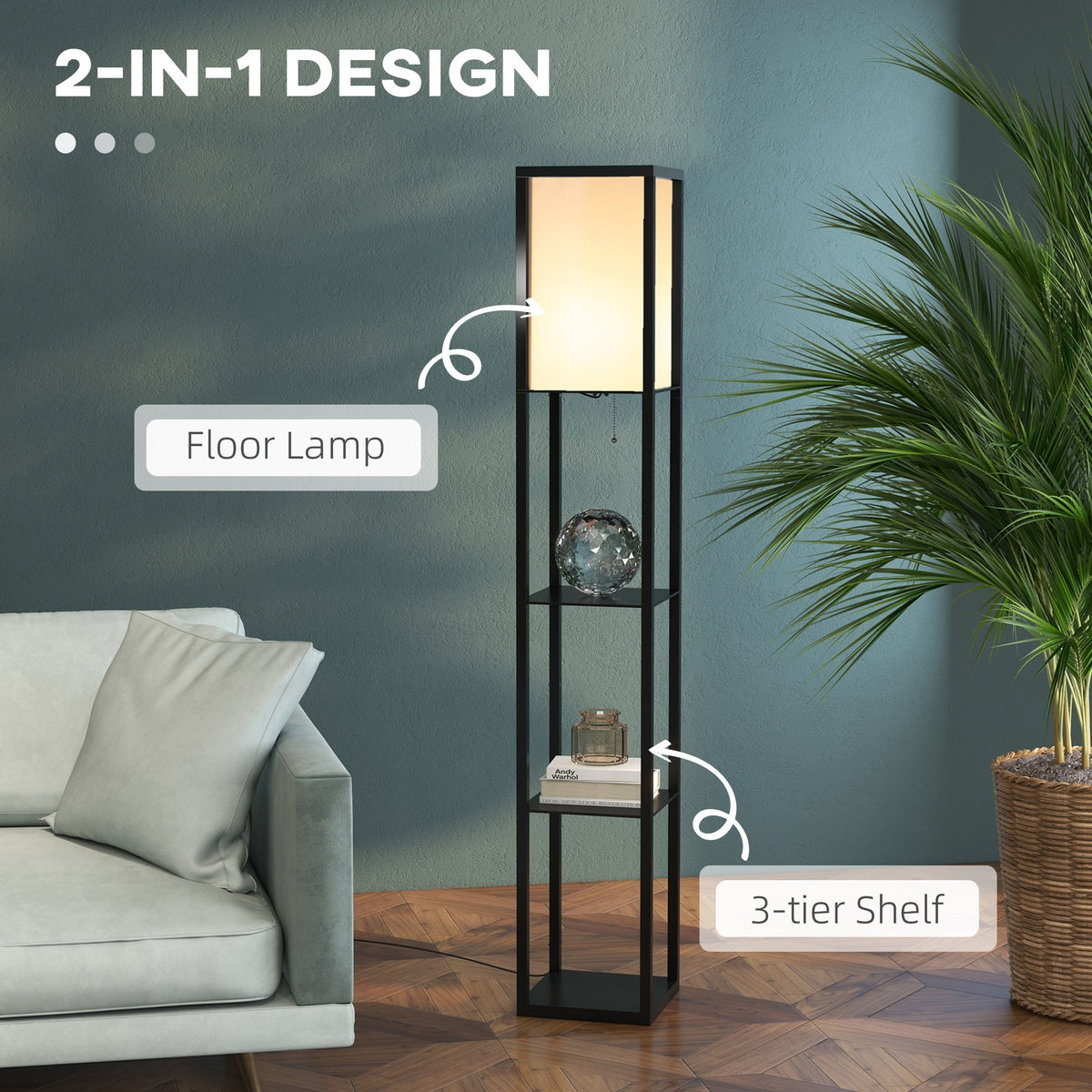 Floor lamp combining a top light and three storage shelves