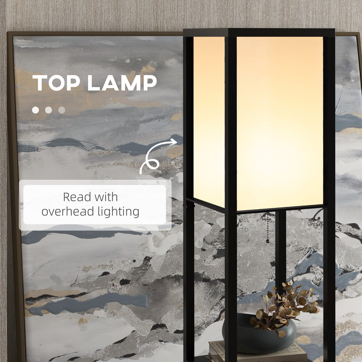 Close-up of white cotton lampshade on black shelf floor lamp
