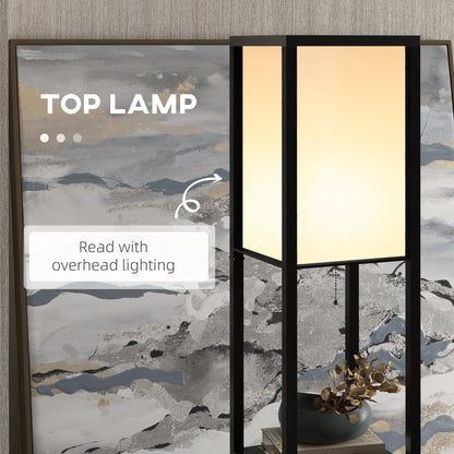Close-up of white cotton lampshade on black shelf floor lamp