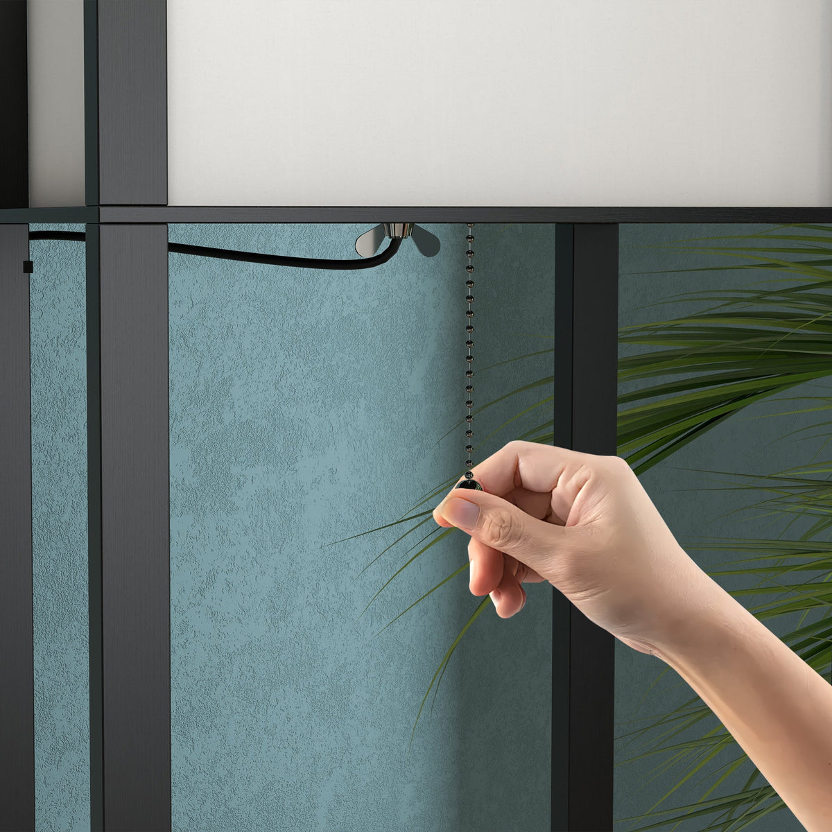 Pull-chain switch on shelf floor lamp