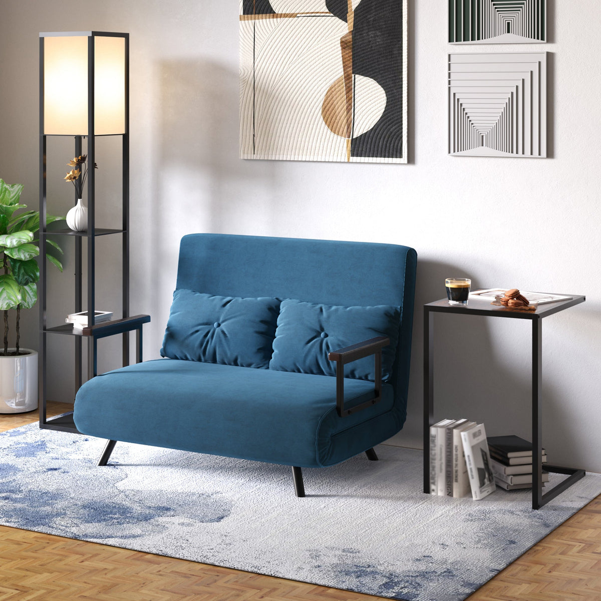 Shelf floor lamp in a living room with a blue armchair