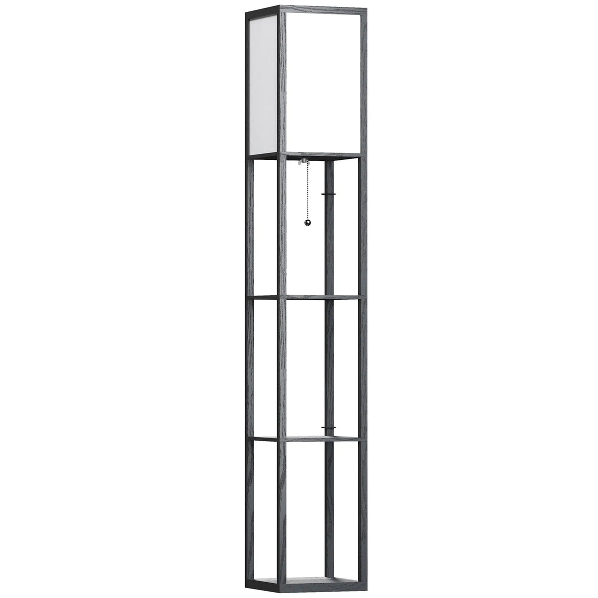 Unlit shelf floor lamp with white shade and black frame
