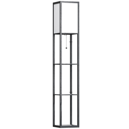 Unlit shelf floor lamp with white shade and black frame
