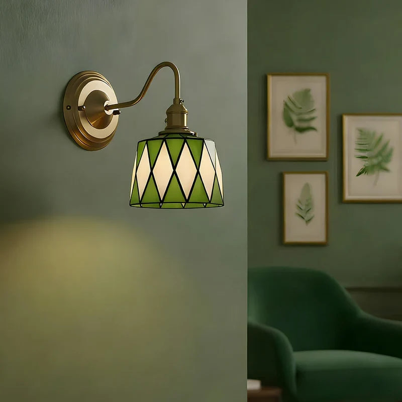Green diamond-pattern glass sconce