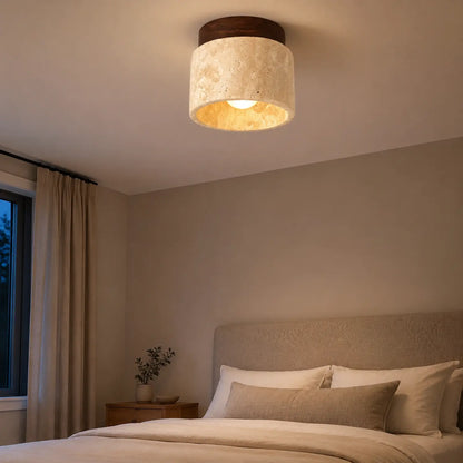 Round Travertine and Wood Flush Mount Ceiling Light