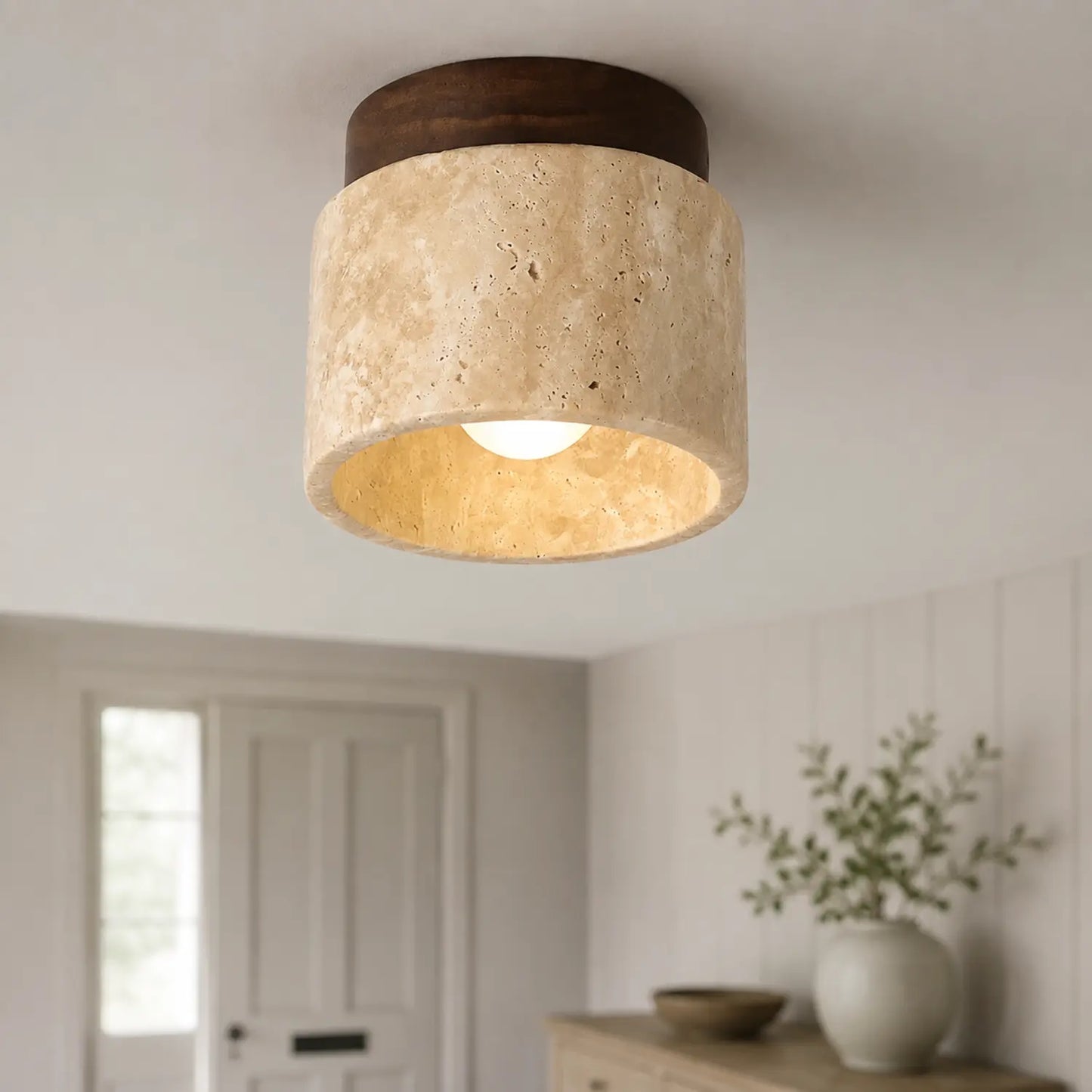 Round Travertine and Wood Flush Mount Ceiling Light