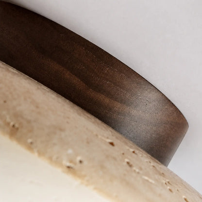 Round Travertine and Wood Flush Mount Ceiling Light