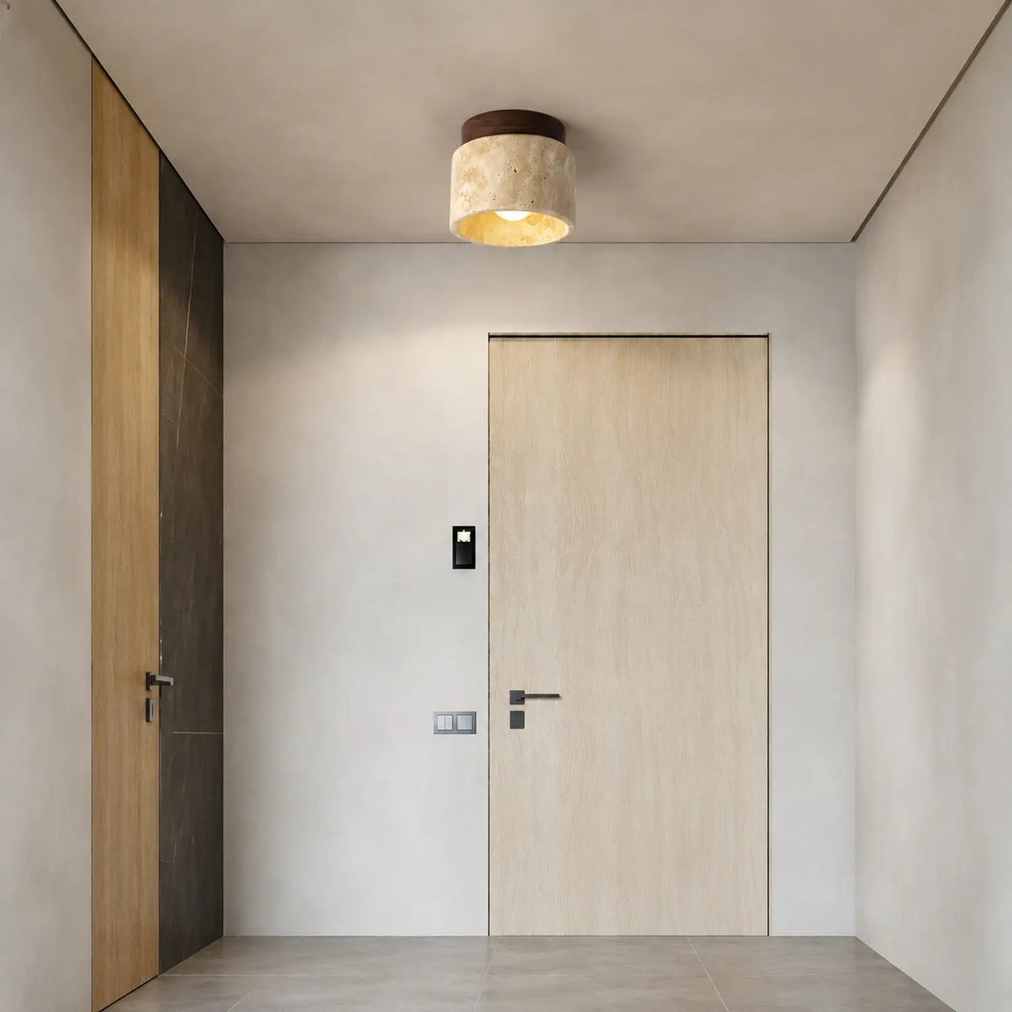 Round Travertine and Wood Flush Mount Ceiling Light