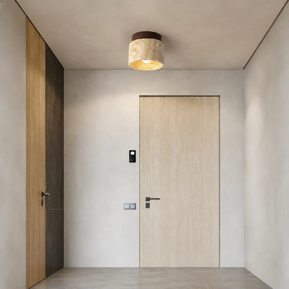 Round Travertine and Wood Flush Mount Ceiling Light