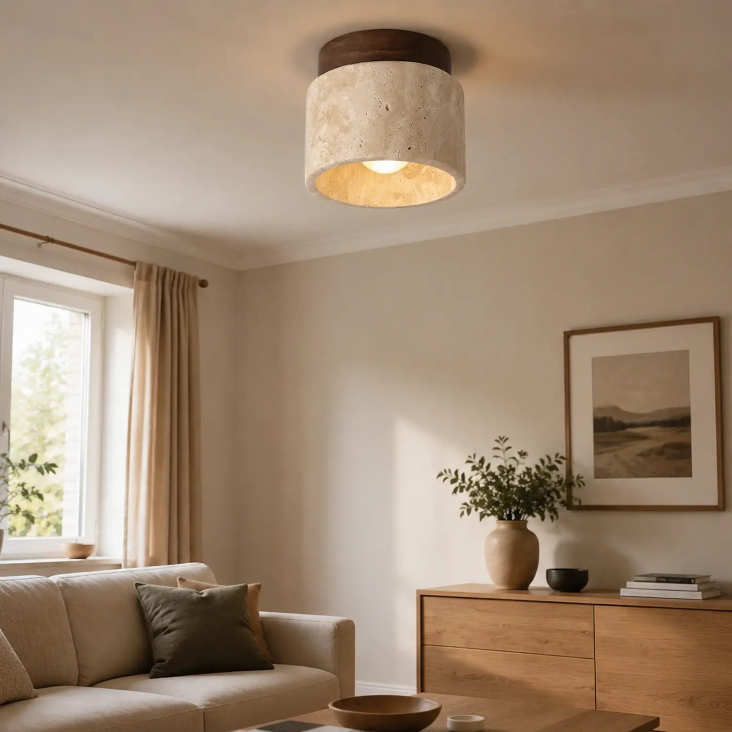 Round Travertine and Wood Flush Mount Ceiling Light