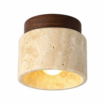 Round Travertine and Wood Flush Mount Ceiling Light