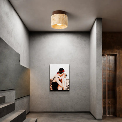Round Travertine and Wood Flush Mount Ceiling Light