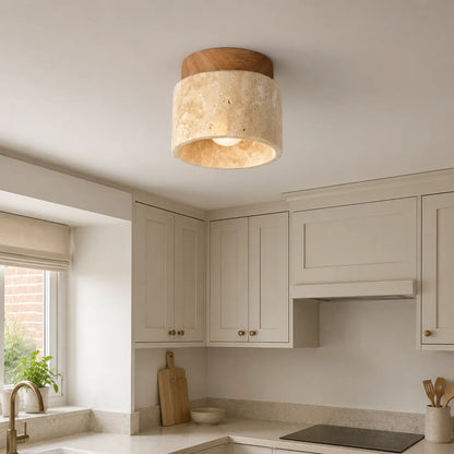 Round Travertine and Wood Flush Mount Ceiling Light