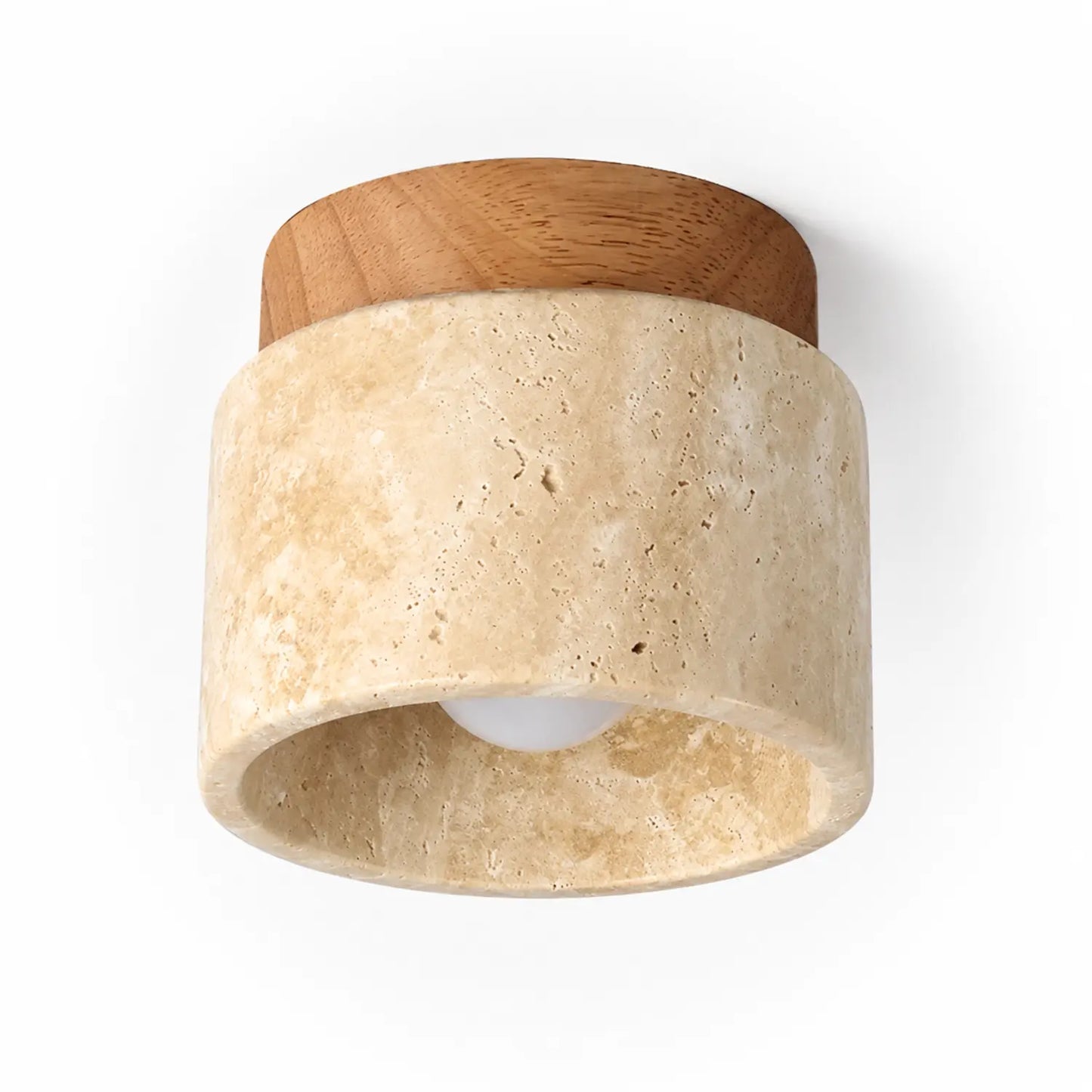Round Travertine and Wood Flush Mount Ceiling Light