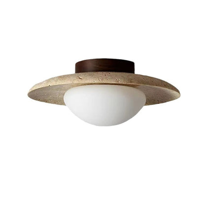 Travertine saucer ceiling light with solid wood base and white diffuser