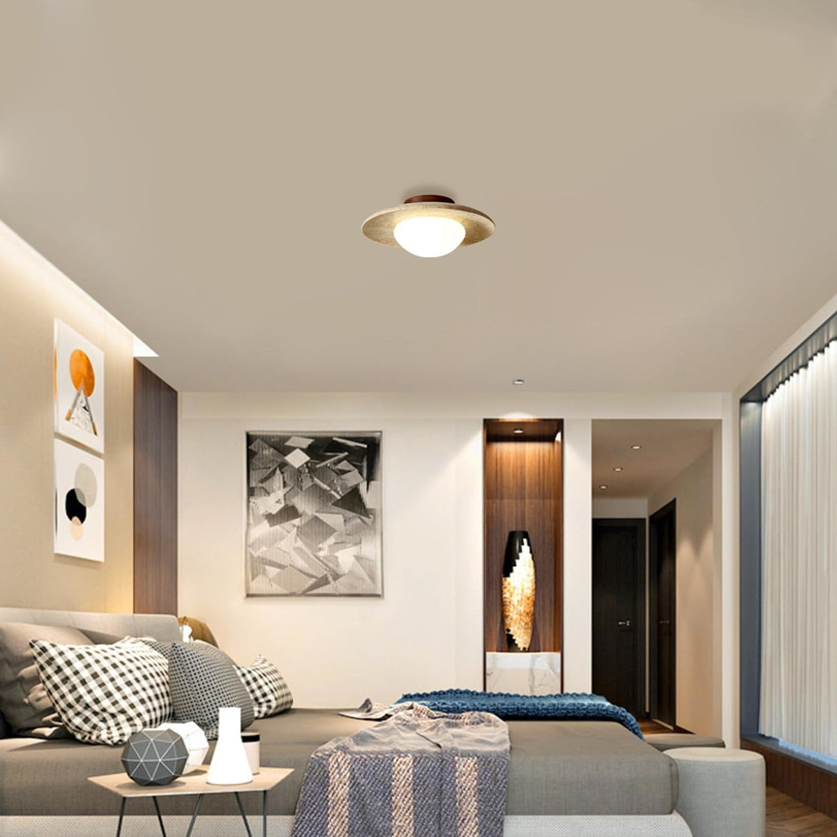 Travertine and wood ceiling light in a bedroom