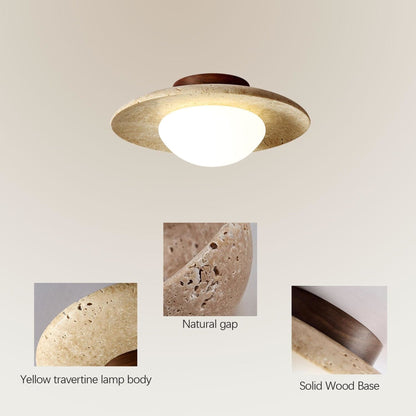 Travertine ceiling light graphic showing natural stone pores and solid wood base