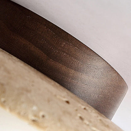 Close-up of the wood base and travertine shade