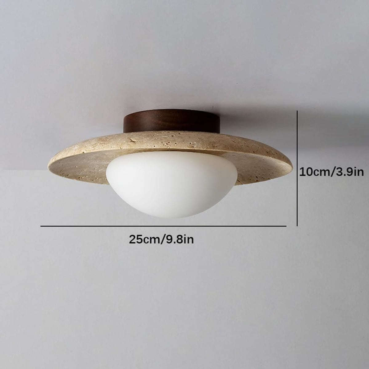 Travertine saucer ceiling light dimension graphic showing 25 × 10 cm