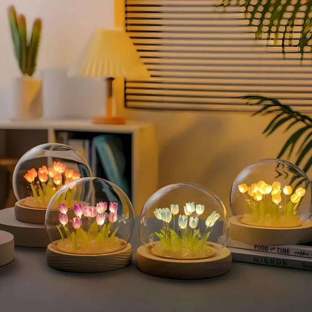Four tulip glass dome lights in different flower colours