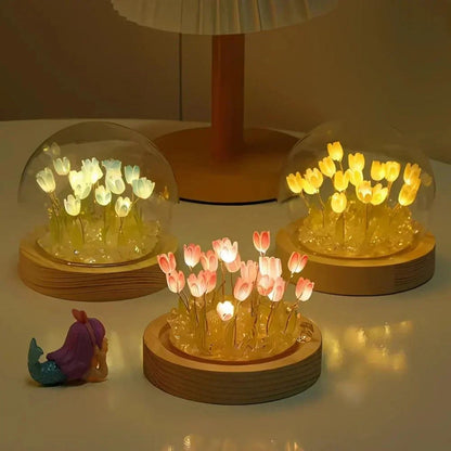 Blue, yellow and pink tulip dome lights glowing together
