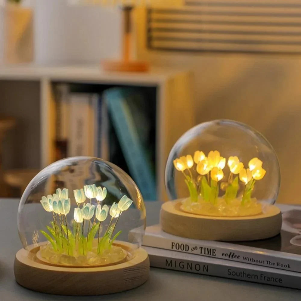 Blue and yellow tulip night lights on wood bases